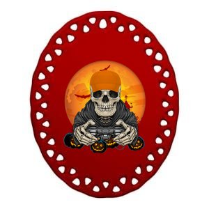 Halloween Skeleton Gamer Video Game Lover Gift Ceramic Oval Ornament