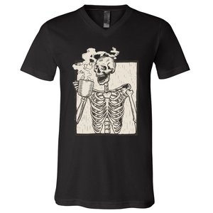 HALLOWEEN SKULL GRAPHIC PRINT FLEECE OVERSIZED V-Neck T-Shirt