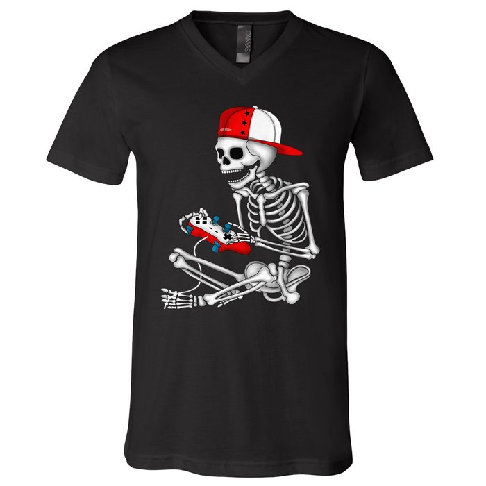 Halloween Skeleton Gamer Video Gaming Gift Games Lover V-Neck T-Shirt