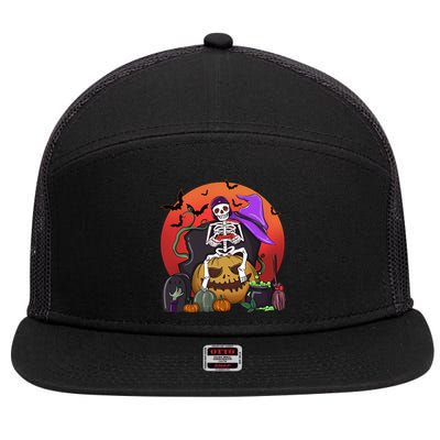 Halloween Skeleton Gamer With Controller Graveyard Pumpkin Gift 7 Panel Mesh Trucker Snapback Hat