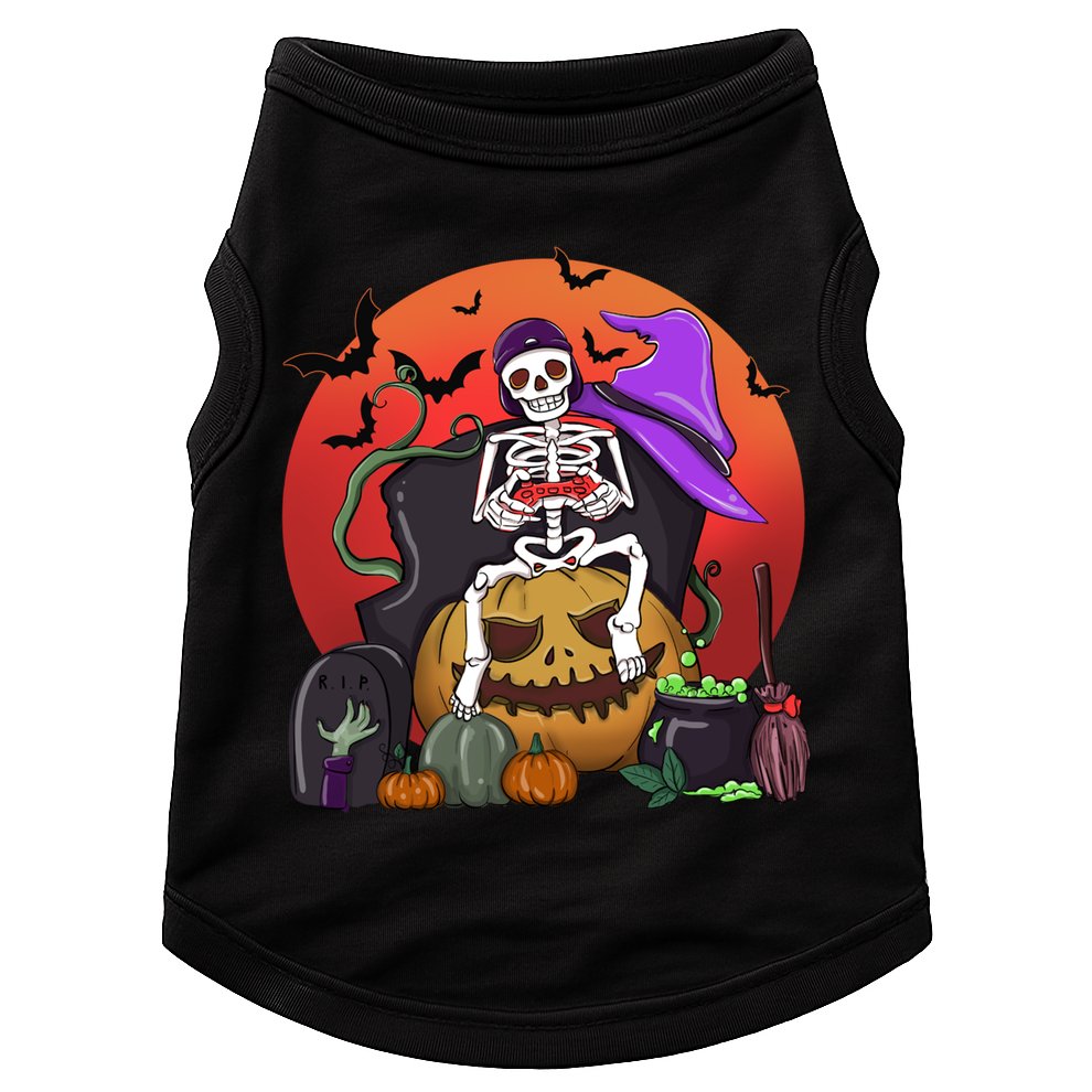 Halloween Skeleton Gamer With Controller Graveyard Pumpkin Gift Doggie Tank