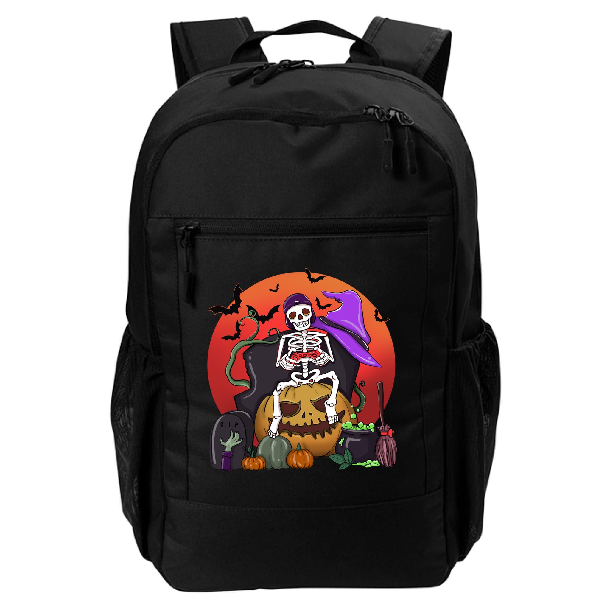 Halloween Skeleton Gamer With Controller Graveyard Pumpkin Gift Backpack