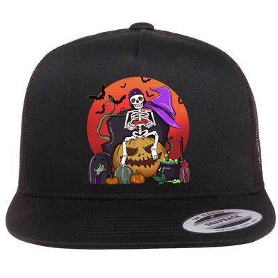 Halloween Skeleton Gamer With Controller Graveyard Pumpkin Gift Flatbill Hat