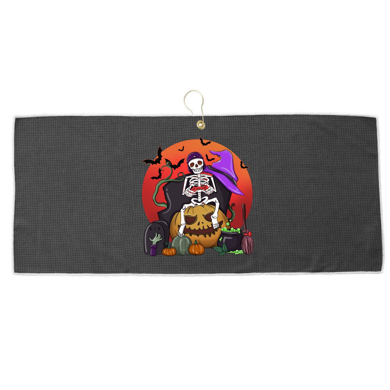 Halloween Skeleton Gamer With Controller Graveyard Pumpkin Gift Large Microfiber Waffle Golf Towel