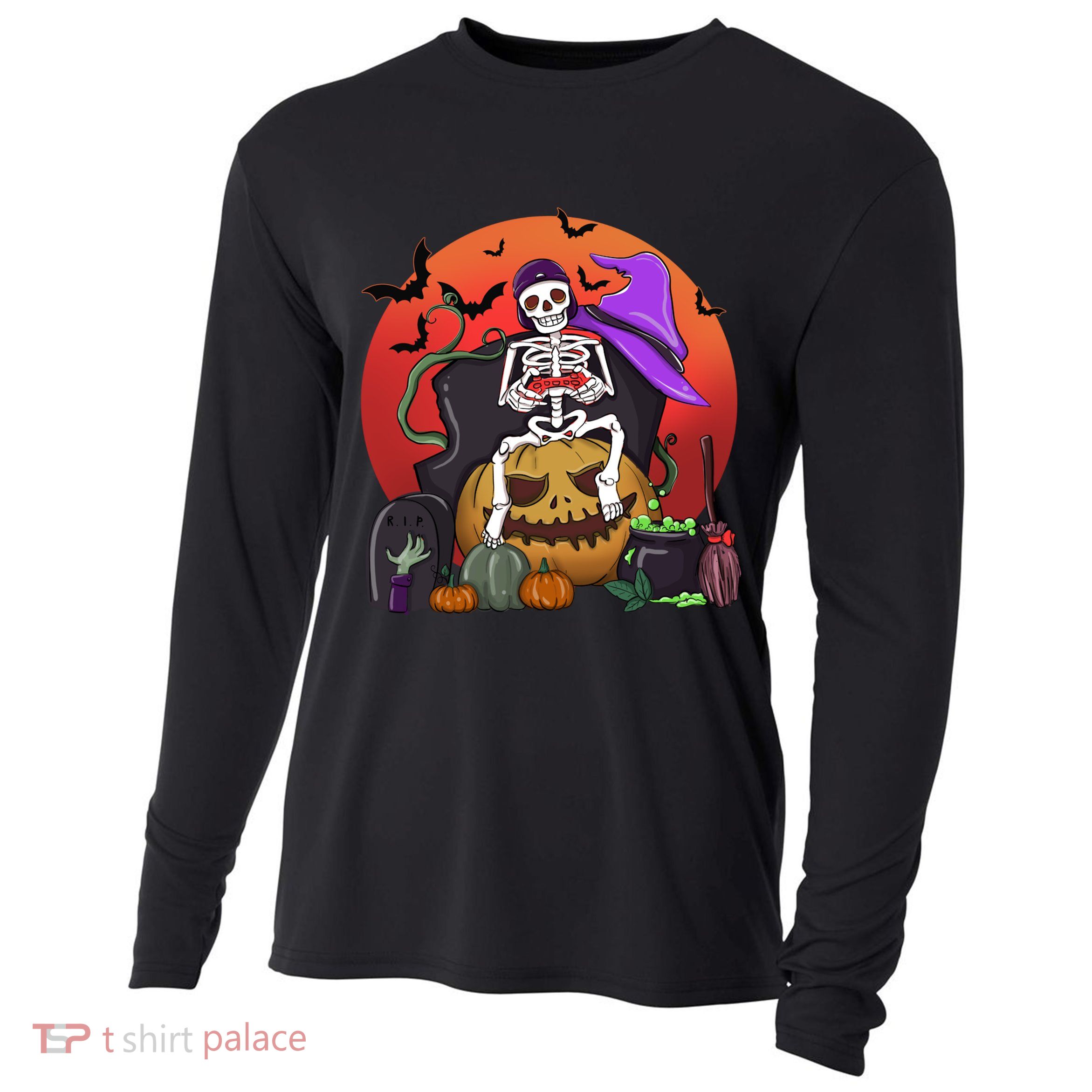 Halloween Skeleton Gamer With Controller Graveyard Pumpkin Gift Cooling Performance Long Sleeve Crew