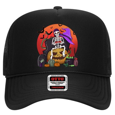 Halloween Skeleton Gamer With Controller Graveyard Pumpkin Gift Trucker Hat