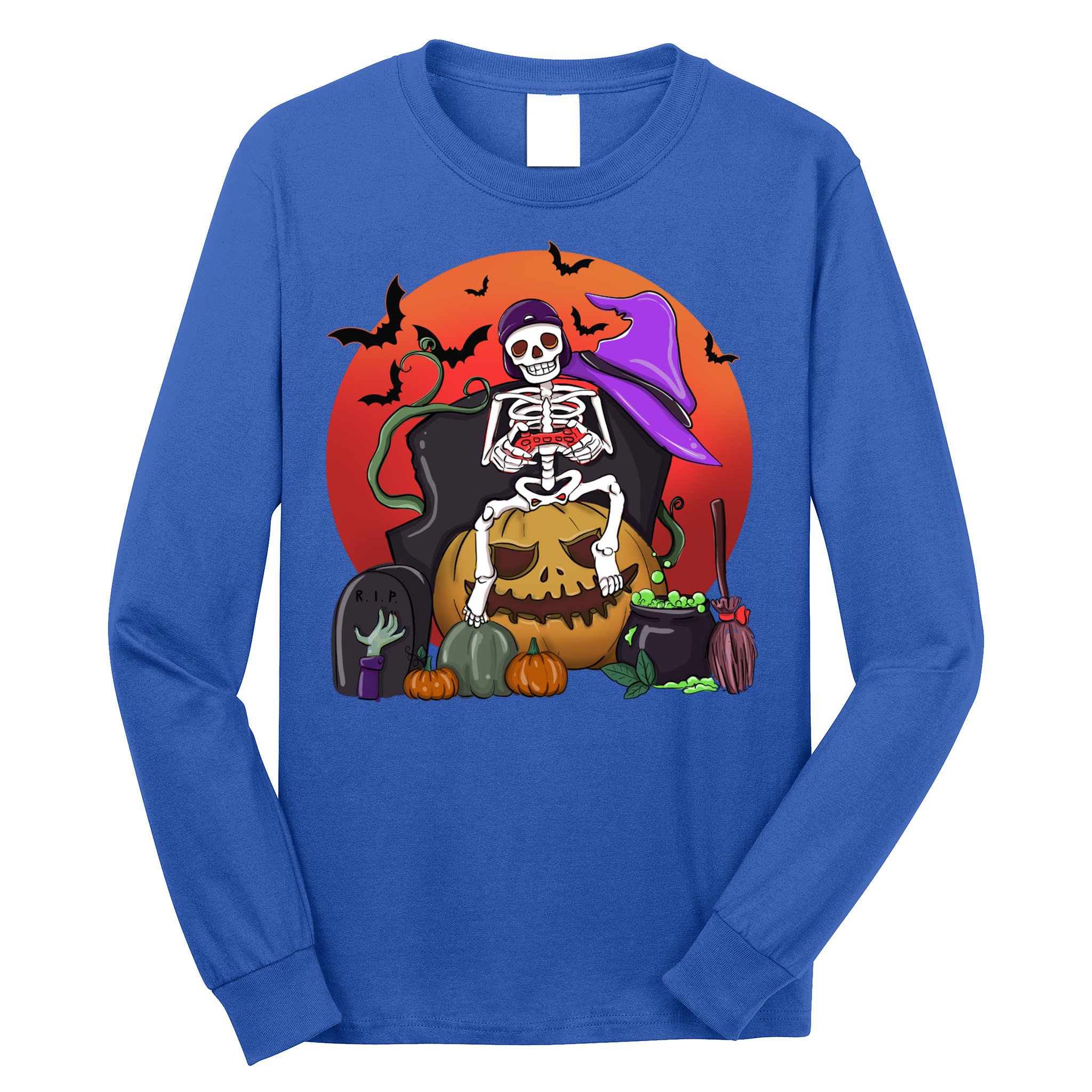 Halloween Skeleton Gamer With Controller Graveyard Pumpkin Gift Long Sleeve Shirt