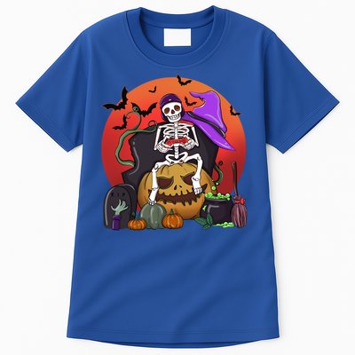 Halloween Skeleton Gamer With Controller Graveyard Pumpkin Gift Tall T-Shirt
