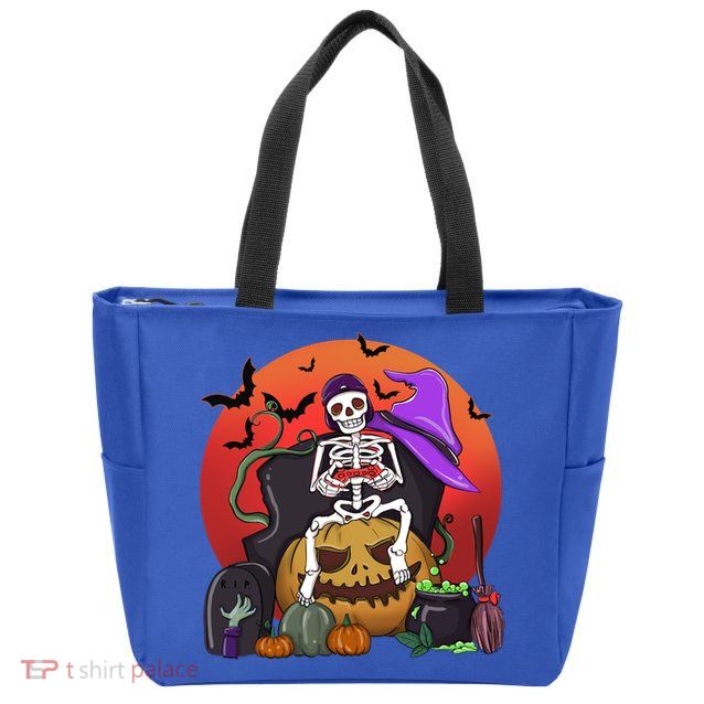 Halloween Skeleton Gamer With Controller Graveyard Pumpkin Gift Zip Tote Bag