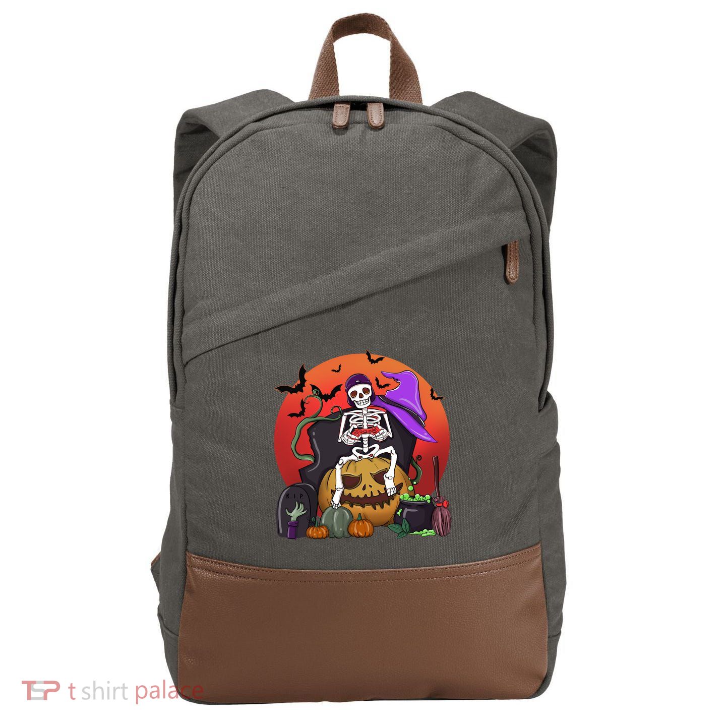 Halloween Skeleton Gamer With Controller Graveyard Pumpkin Gift Cotton Canvas Backpack