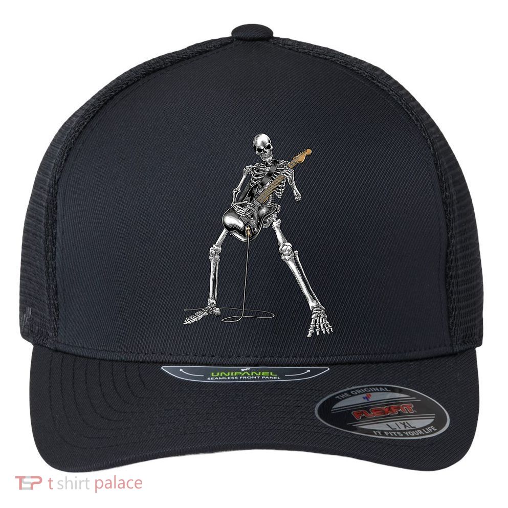Happy Skeleton Guitar Guy Spooky Halloween Rock Band Concert Flexfit Unipanel Trucker Cap