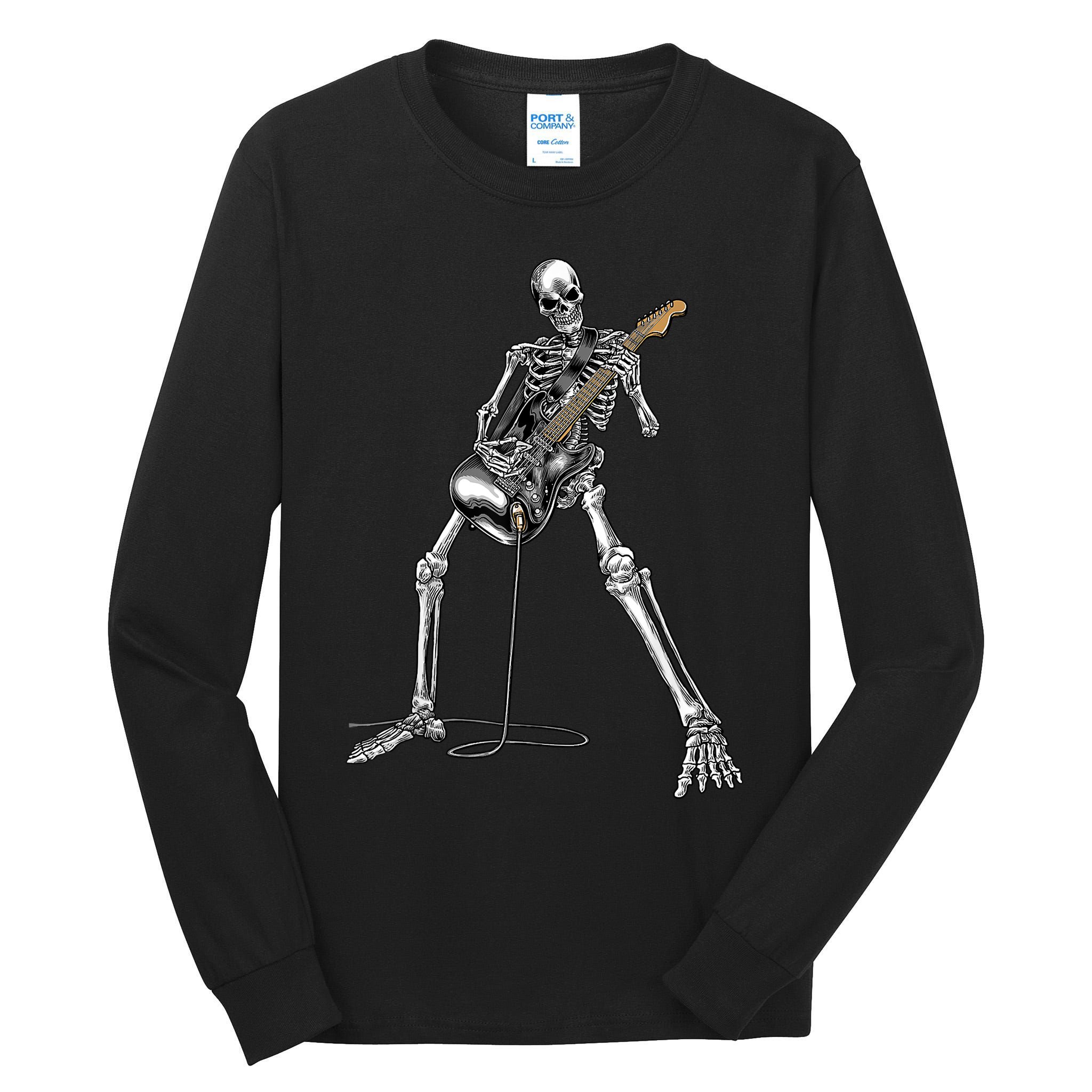 Happy Skeleton Guitar Guy Spooky Halloween Rock Band Concert Tall Long Sleeve T-Shirt