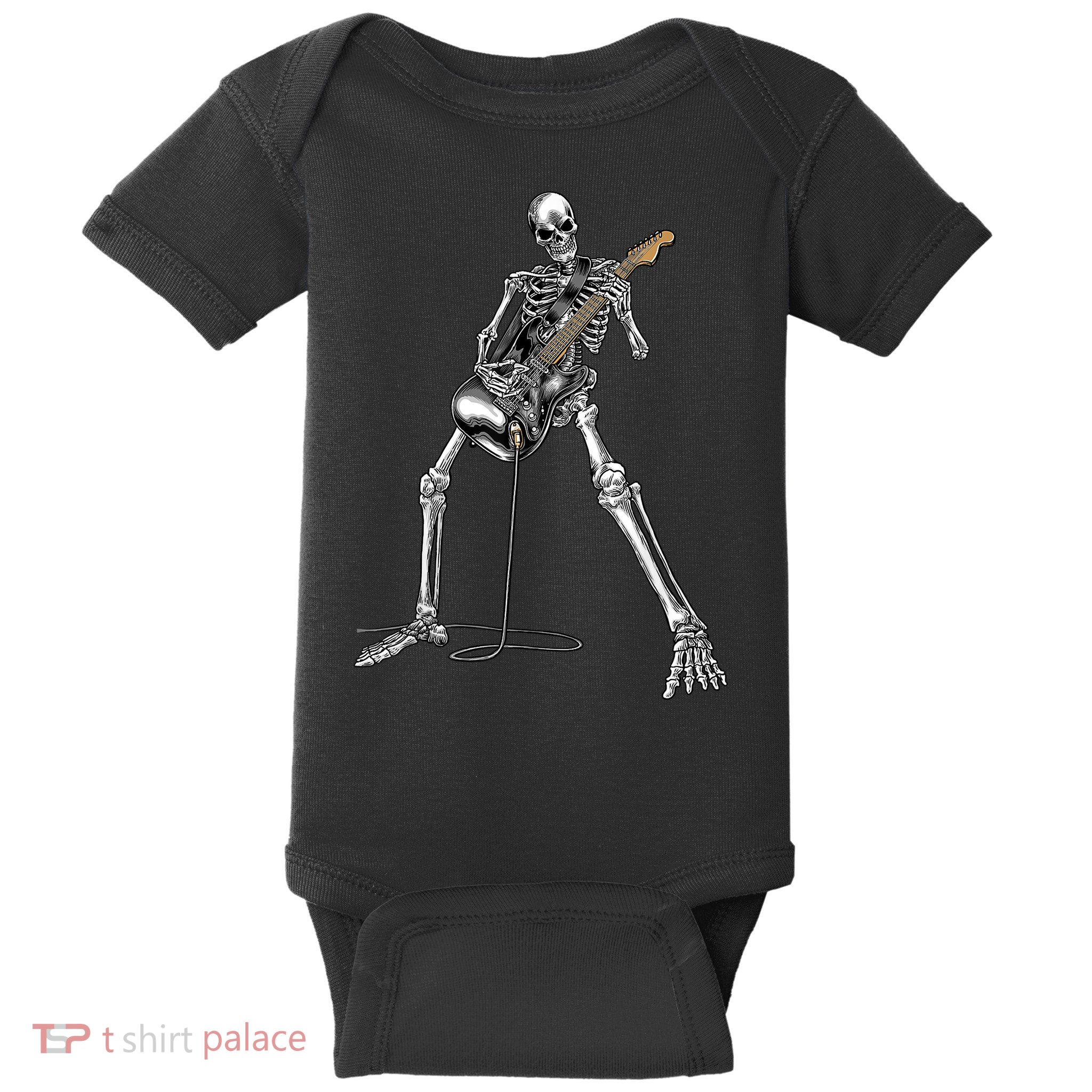 Happy Skeleton Guitar Guy Spooky Halloween Rock Band Concert Baby Bodysuit