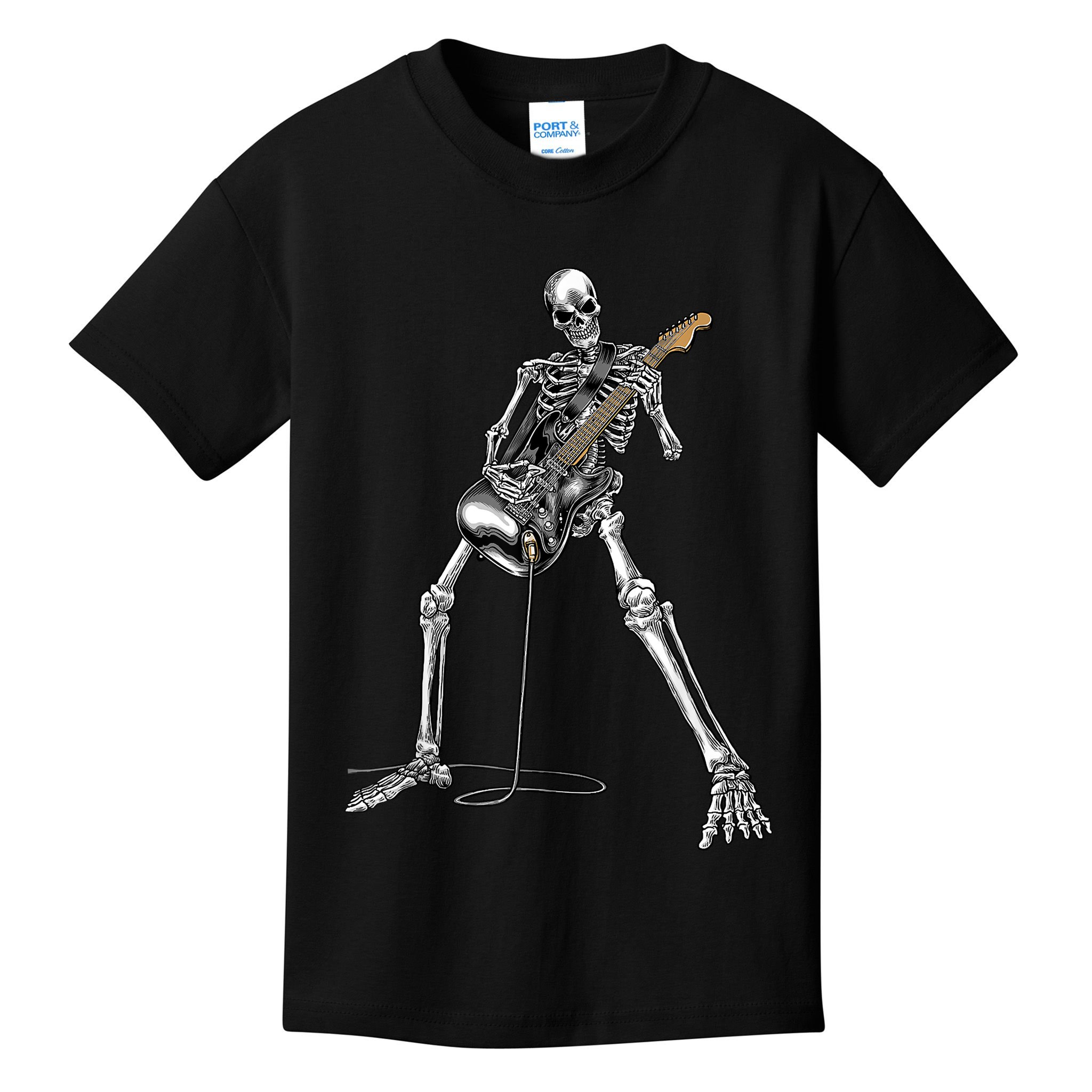 Happy Skeleton Guitar Guy Spooky Halloween Rock Band Concert Kids T-Shirt