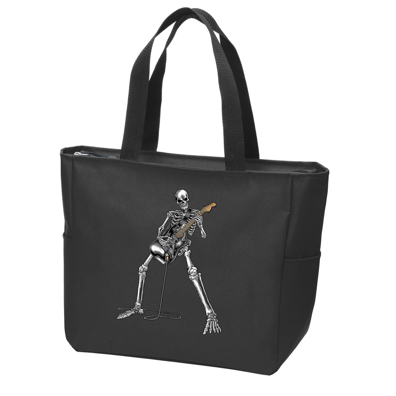 Happy Skeleton Guitar Guy Spooky Halloween Rock Band Concert Zip Tote Bag