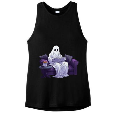 Halloween Scary Ghost Reading Book Sofa Book Worm  Wo Ladies PosiCharge Tri-Blend Wicking Tank