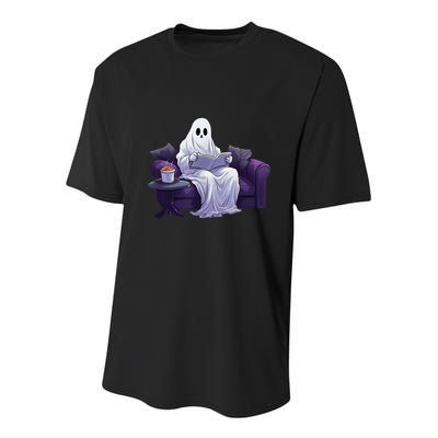 Halloween Scary Ghost Reading Book Sofa Book Worm  Wo Youth Performance Sprint T-Shirt
