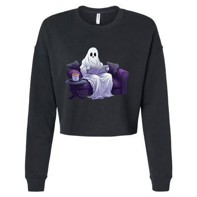 Halloween Scary Ghost Reading Book Sofa Book Worm  Wo Cropped Pullover Crew