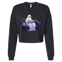 Halloween Scary Ghost Reading Book Sofa Book Worm  Wo Cropped Pullover Crew