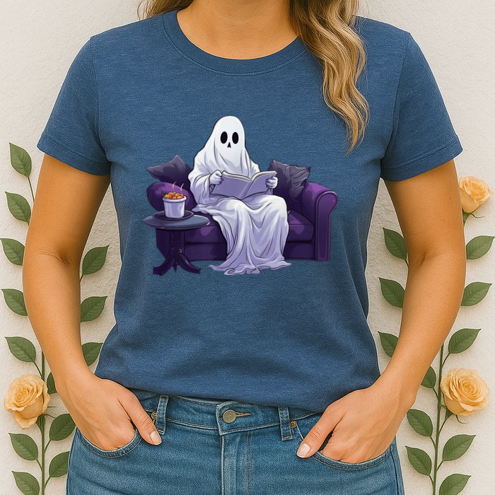 Halloween Scary Ghost Reading Book Sofa Book Worm  Wo Womens T-Shirt