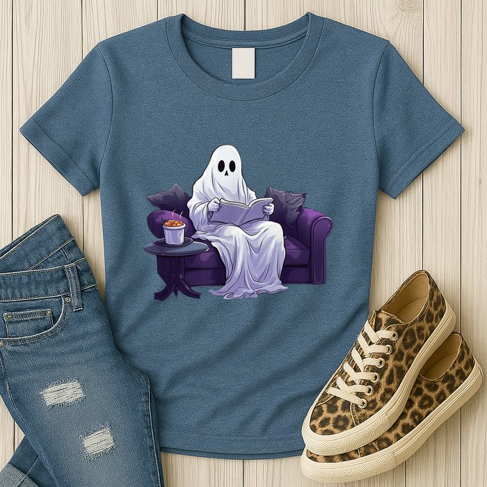 Halloween Scary Ghost Reading Book Sofa Book Worm  Wo Womens T-Shirt