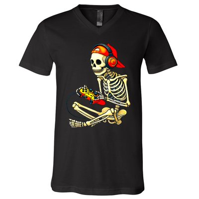 Halloween Skeleton Gamer Video Gaming Tees V-Neck T-Shirt