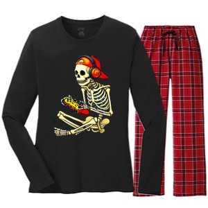 Halloween Skeleton Gamer Video Gaming Tees Women's Long Sleeve Flannel Pajama Set 