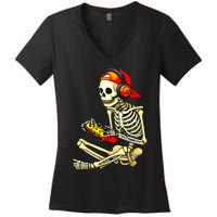 Halloween Skeleton Gamer Video Gaming Tees Women's V-Neck T-Shirt