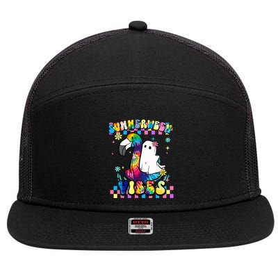 Halloween Summerween Ghost On A Pool Funny Spooky Summer 7 Panel Mesh Trucker Snapback Hat