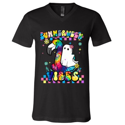 Halloween Summerween Ghost On A Pool Funny Spooky Summer V-Neck T-Shirt
