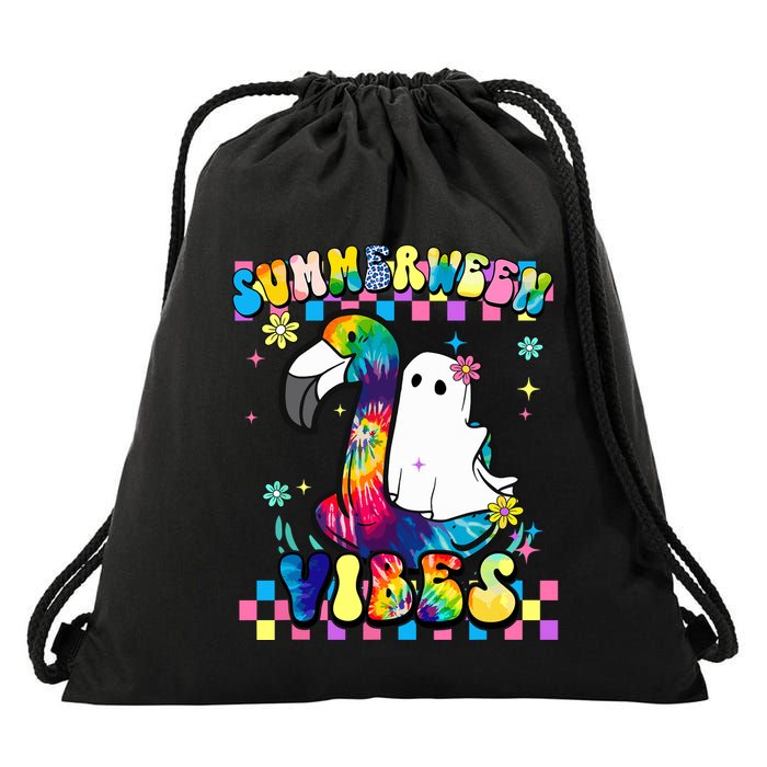 Halloween Summerween Ghost On A Pool Funny Spooky Summer Drawstring Bag