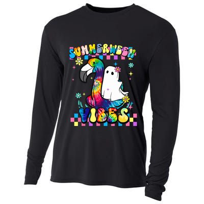 Halloween Summerween Ghost On A Pool Funny Spooky Summer Cooling Performance Long Sleeve Crew