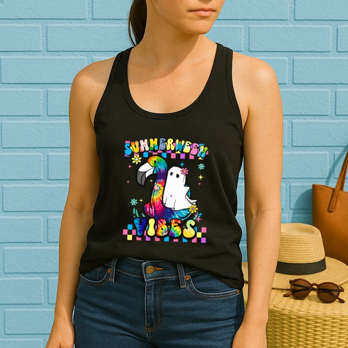 Halloween Summerween Ghost On A Pool Funny Spooky Summer Womens Tank Top