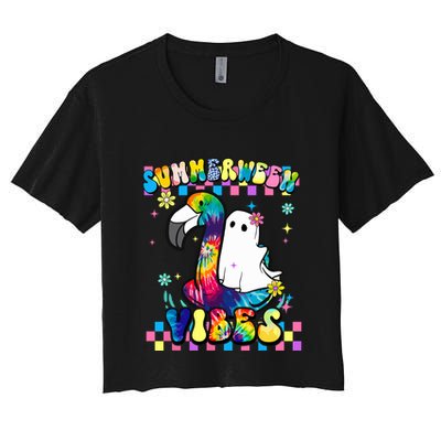 Halloween Summerween Ghost On A Pool Funny Spooky Summer Crop Top