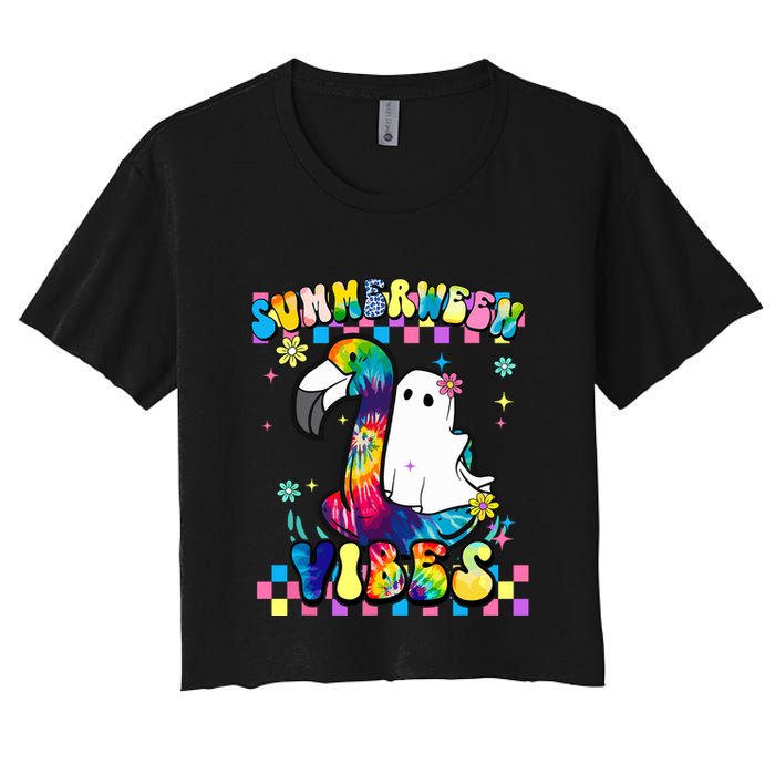 Halloween Summerween Ghost On A Pool Funny Spooky Summer Crop Top