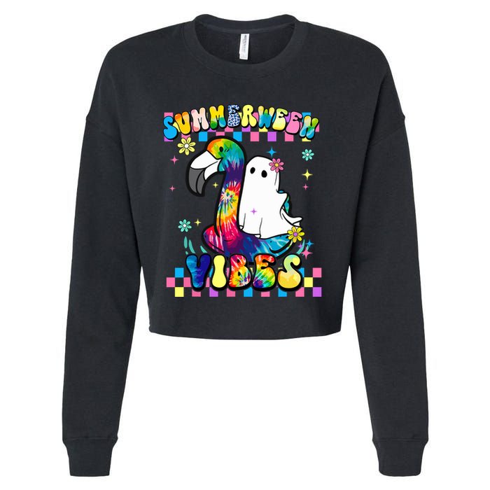 Halloween Summerween Ghost On A Pool Funny Spooky Summer Cropped Pullover Crew