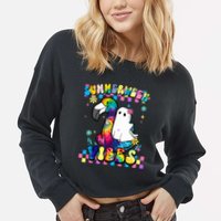Halloween Summerween Ghost On A Pool Funny Spooky Summer Cropped Pullover Crew