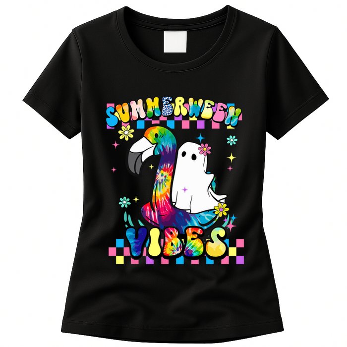 Halloween Summerween Ghost On A Pool Funny Spooky Summer Womens T-Shirt