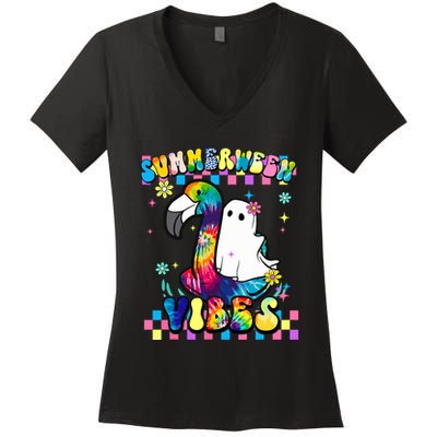 Halloween Summerween Ghost On A Pool Funny Spooky Summer Women's V-Neck T-Shirt