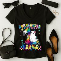 Halloween Summerween Ghost On A Pool Funny Spooky Summer Women's V-Neck T-Shirt