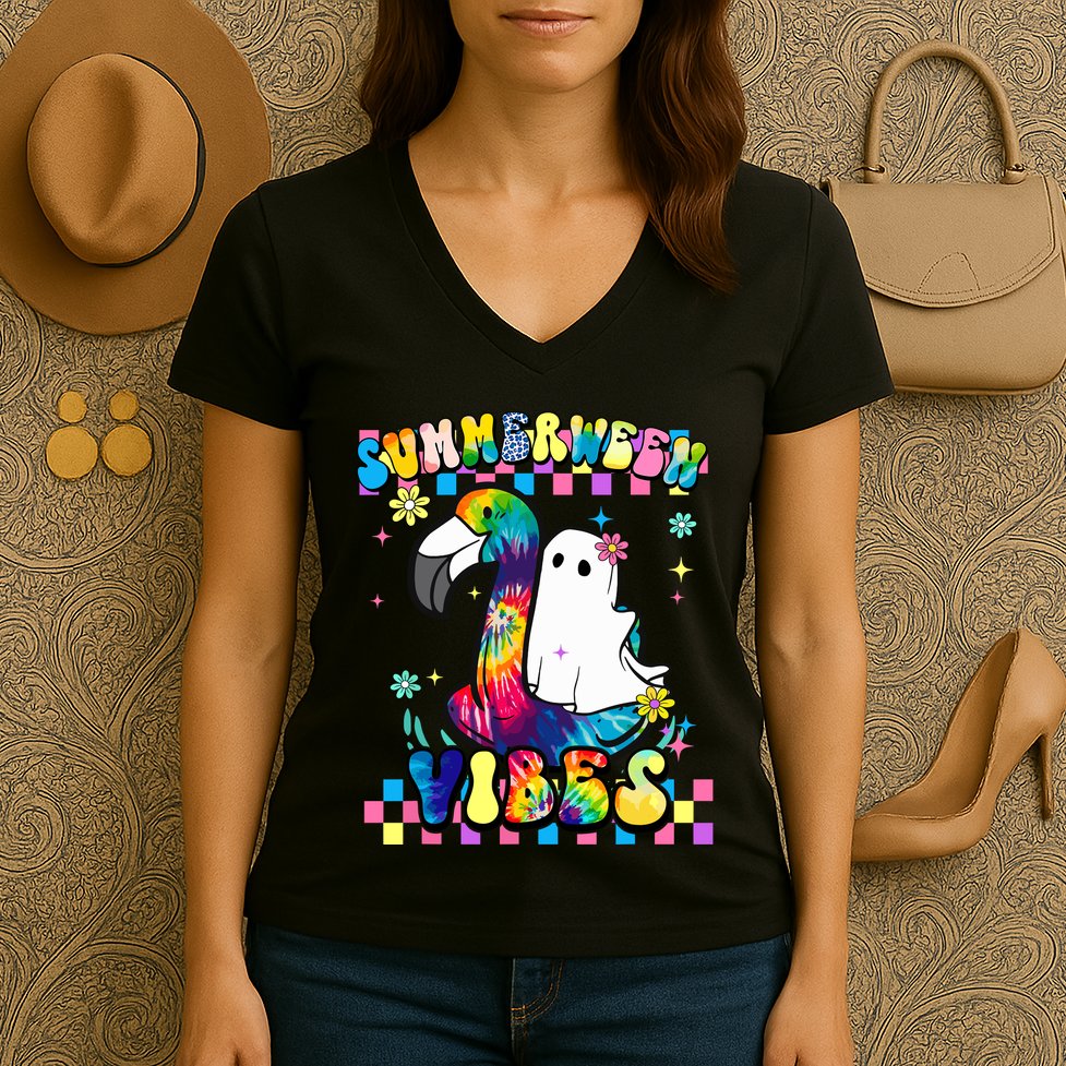 Halloween Summerween Ghost On A Pool Funny Spooky Summer Women's V-Neck T-Shirt