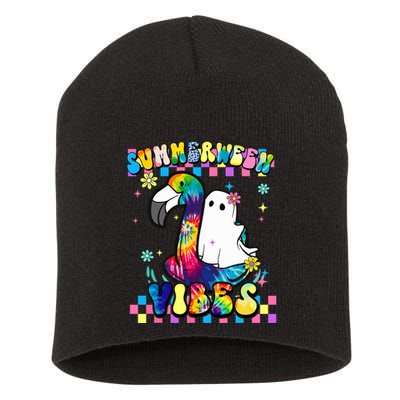 Halloween Summerween Ghost On A Pool Funny Spooky Summer Short Acrylic Beanie