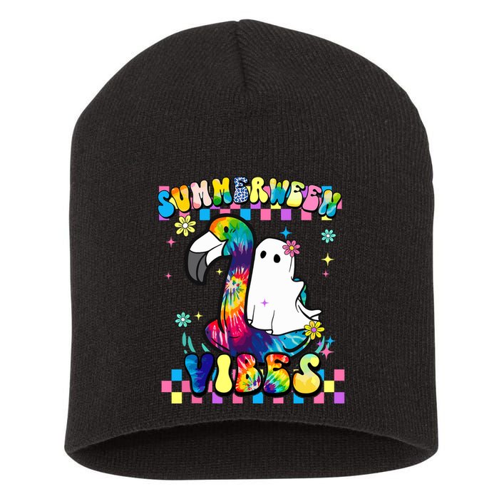 Halloween Summerween Ghost On A Pool Funny Spooky Summer Short Acrylic Beanie