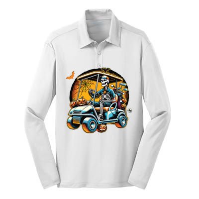 Halloween Skeleton Golf Cart Golfer Silk Touch Performance Long Sleeve Polo