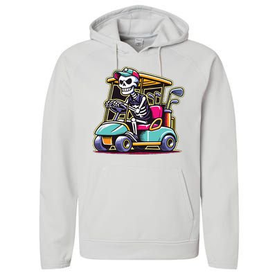 Halloween Skeleton Golf Cart Golfer Performance Fleece Hoodie