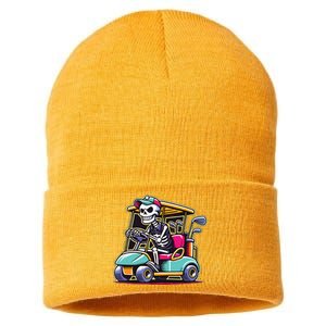 Halloween Skeleton Golf Cart Golfer Sustainable Knit Beanie