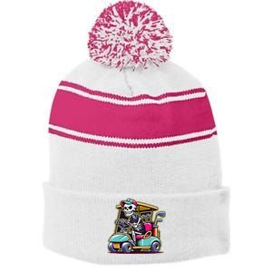 Halloween Skeleton Golf Cart Golfer Stripe Pom Pom Beanie