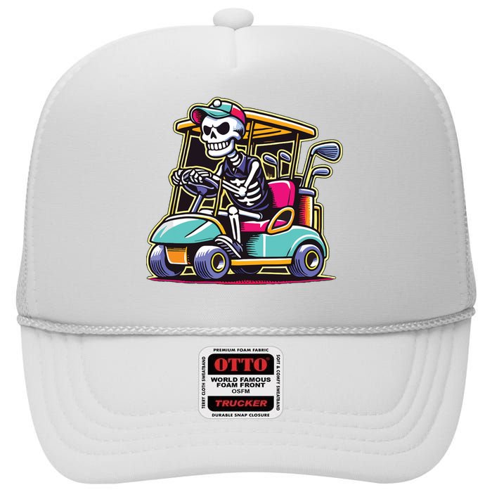 Halloween Skeleton Golf Cart Golfer High Crown Mesh Back Trucker Hat