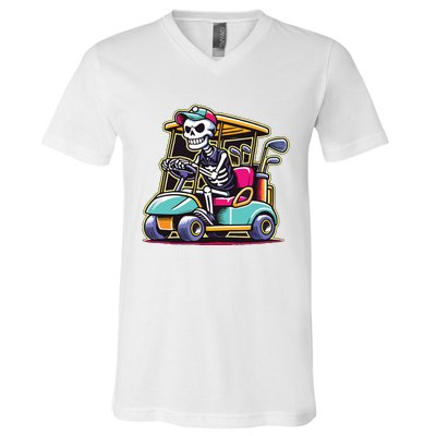 Halloween Skeleton Golf Cart Golfer V-Neck T-Shirt