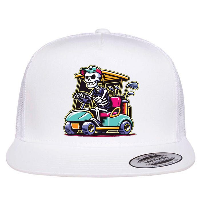 Halloween Skeleton Golf Cart Golfer Flat Bill Trucker Hat